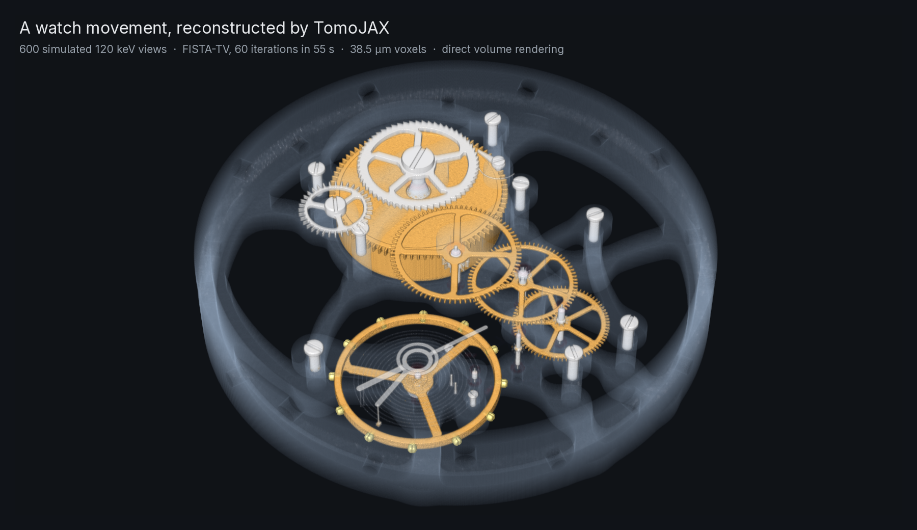 A simulated mechanical watch movement reconstructed by TomoJAX and drawn by direct volume rendering: brass wheels and balance in gold, steel parts white and the titanium plate and bridges as blue glass.
